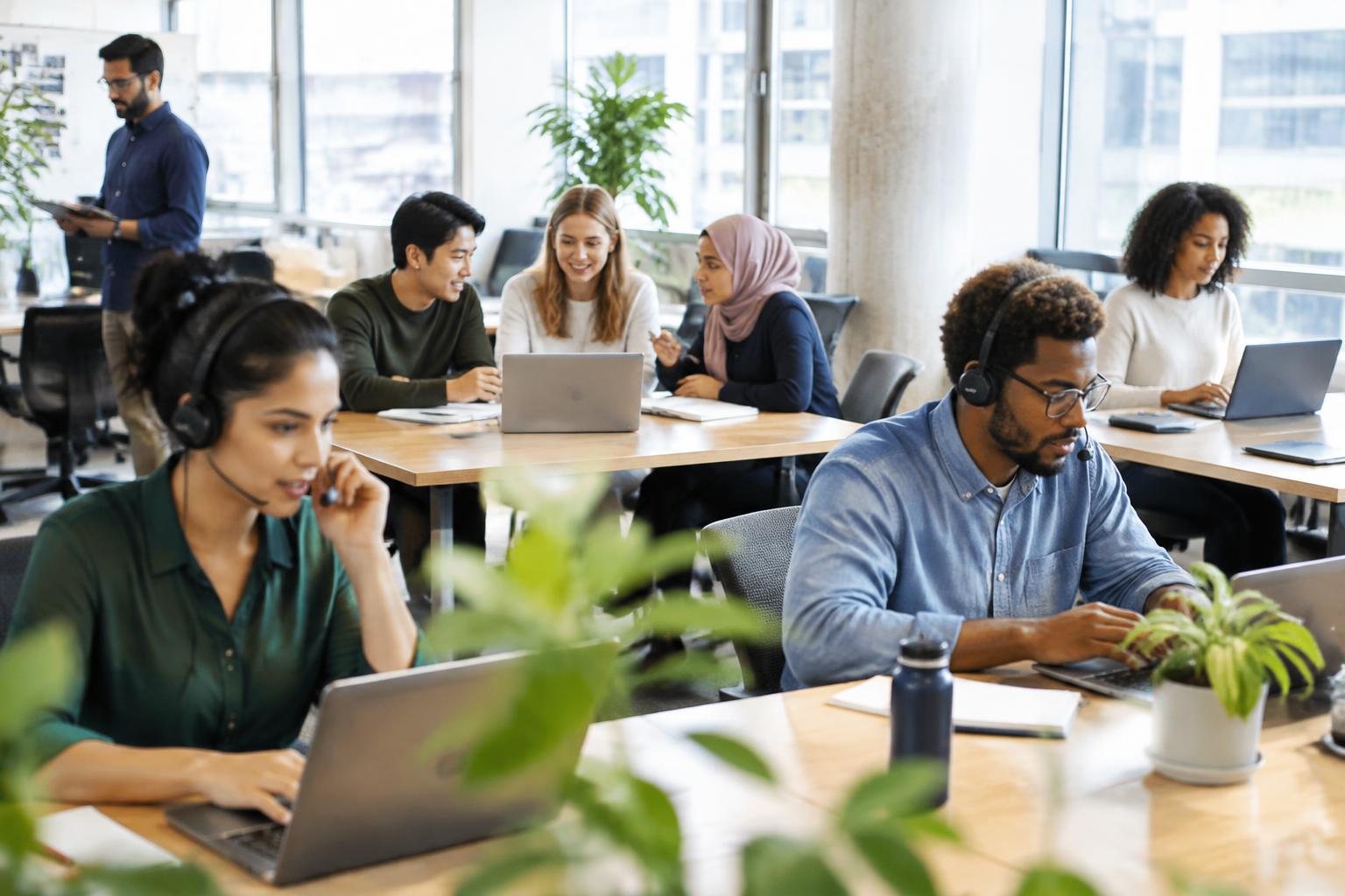 Une équipe diversifiée travaille en open space, certains au téléphone