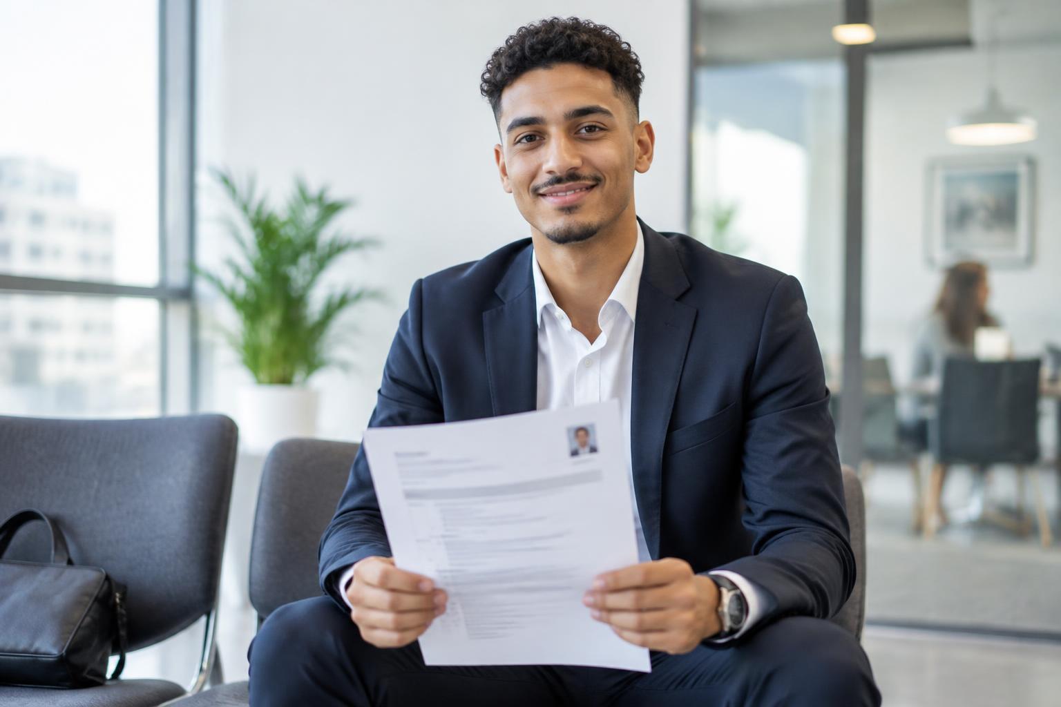 Un candidat souriant tient son CV avant un entretien