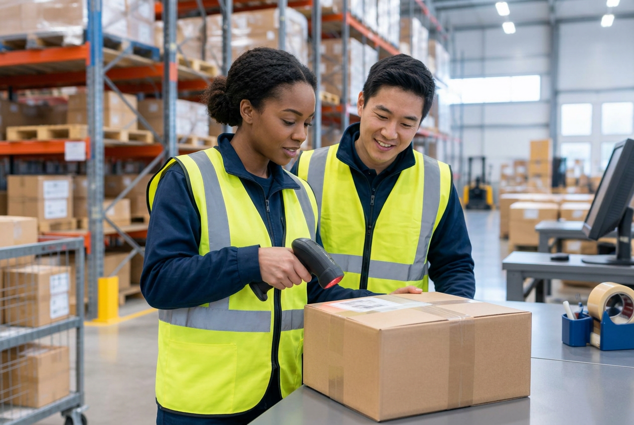 Illustration du métier : une professionnelle de la logistique prépare un colis